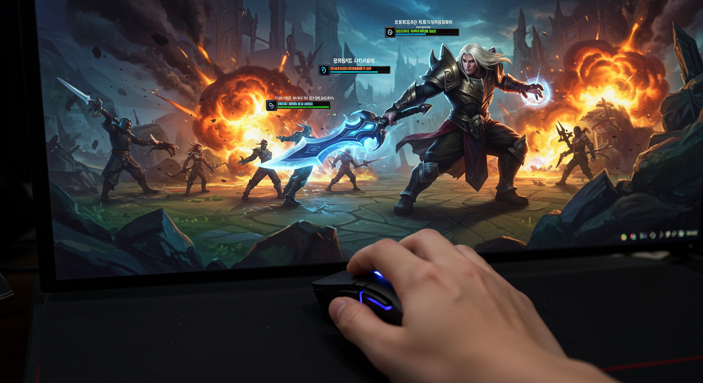 한국 플레이어의 손이 마우스를 잡고 격렬한 전투 장면을 보여주는 화면