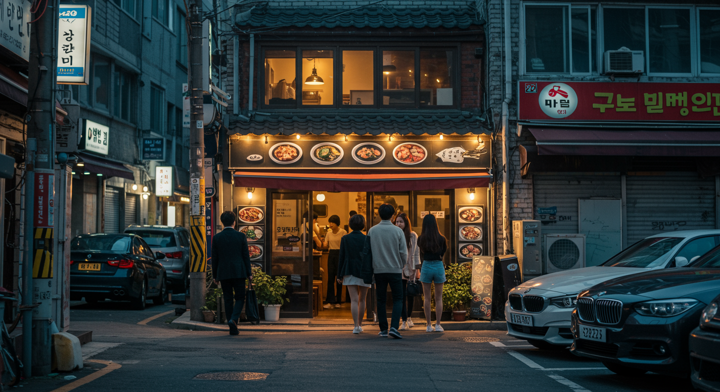 을지로에 위치한 아늑한 작은 식당, 고급차들이 주차되어 있는 모습