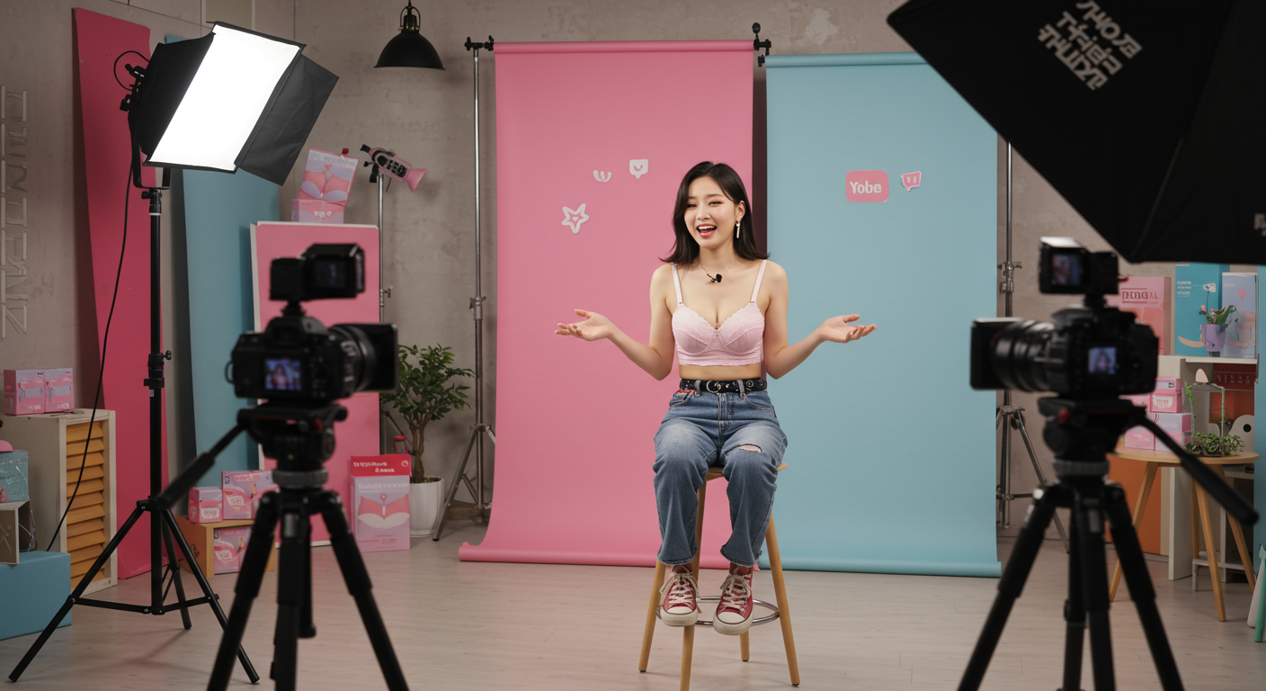 유튜브 촬영장에서 편안한 분위기로 브라렛을 소개하는 가수