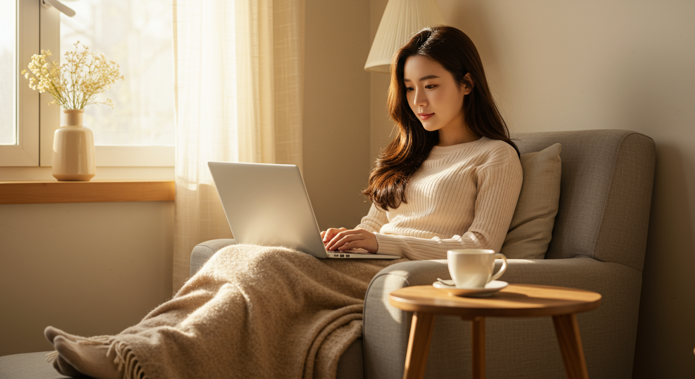 노트북으로 온라인 쇼핑몰에서 브라를 검색하는 여성의 편안한 쇼핑 공간