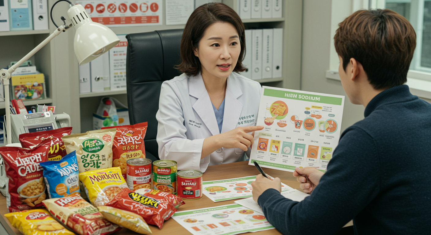 다양한 나트륨 함량이 높은 음식을 앞에 두고 환자에게 건강 리스크를 설명하는 한국 영양사