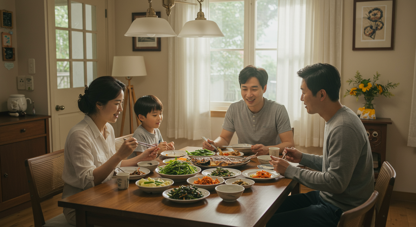 신선한 채소와 구운 생선을 즐기는 한국 가족의 식사 장면