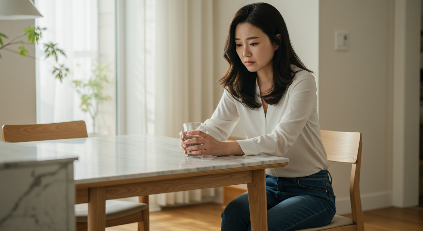 식탁에 앉아 물을 들고 걱정하는 30대 여성