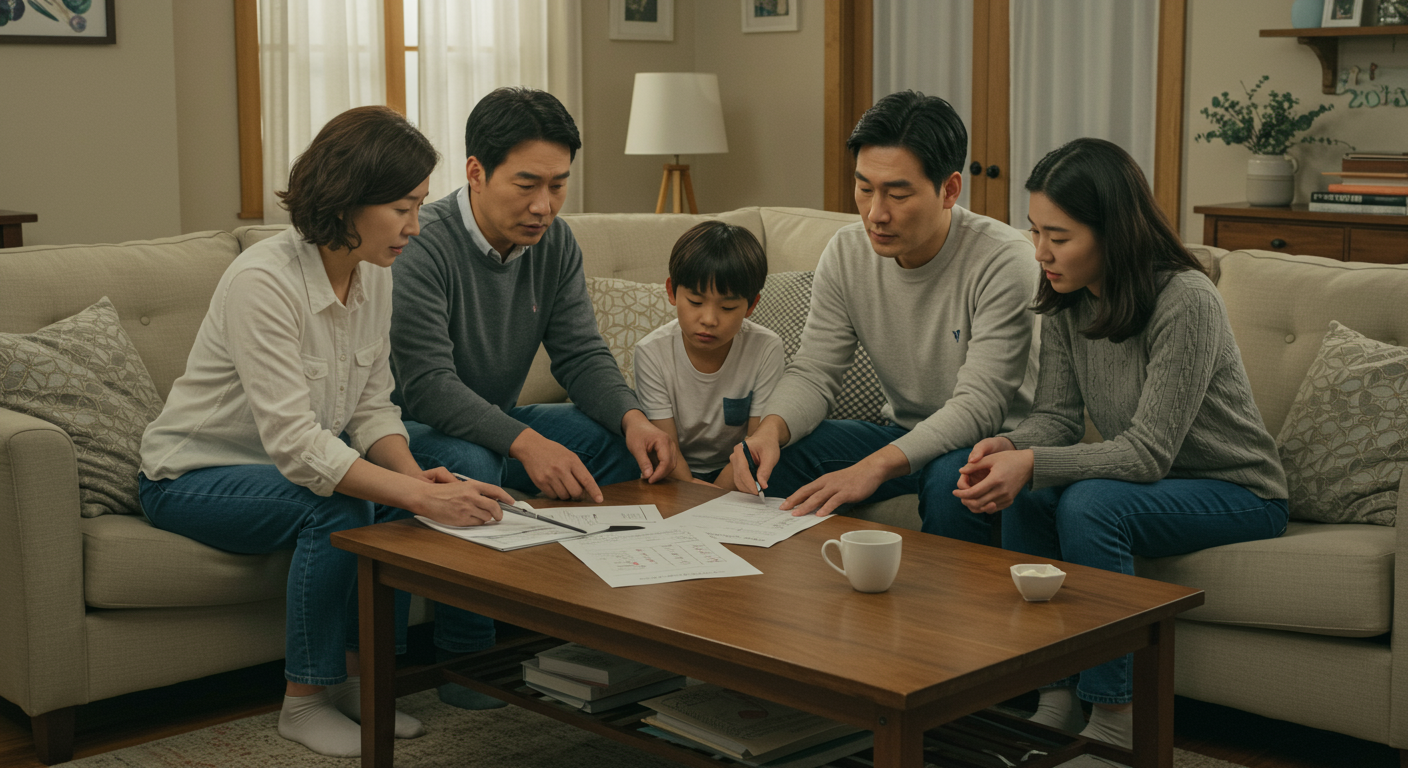 건강 증상을 논의하는 가족과 증상 목록