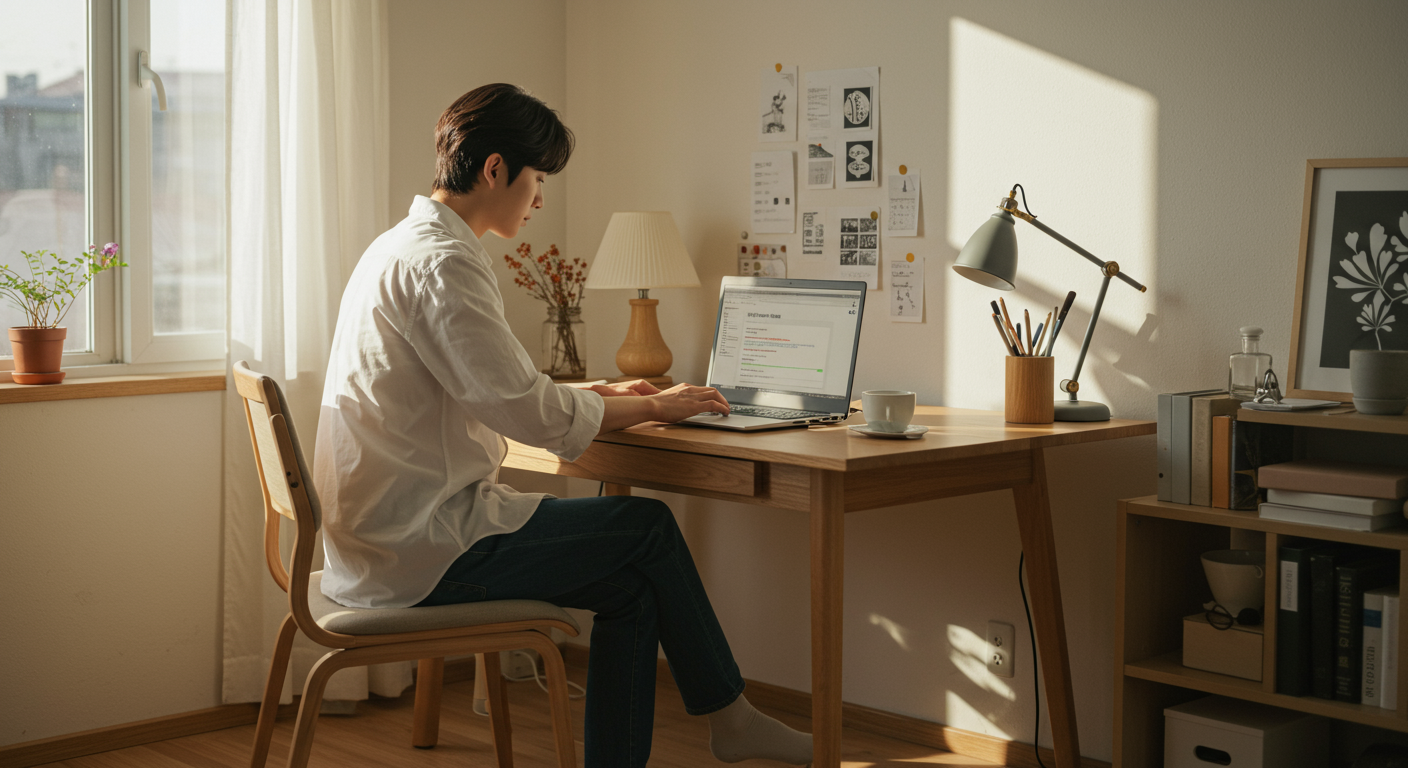 아늑한 홈오피스에서 노트북으로 폰트를 다운로드하는 젊은 전문가