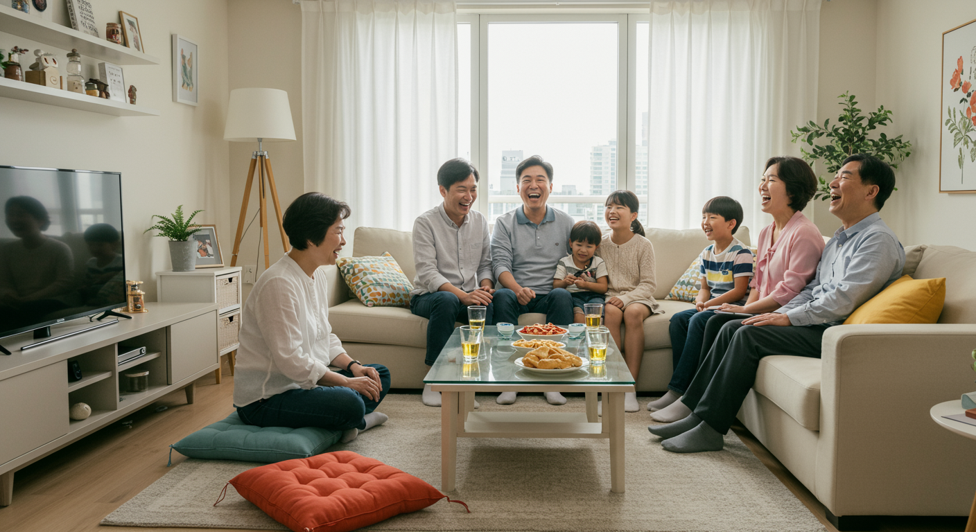 현대식 아파트 거실에서 가족이 모여 농담을 나누며 웃고 있는 장면