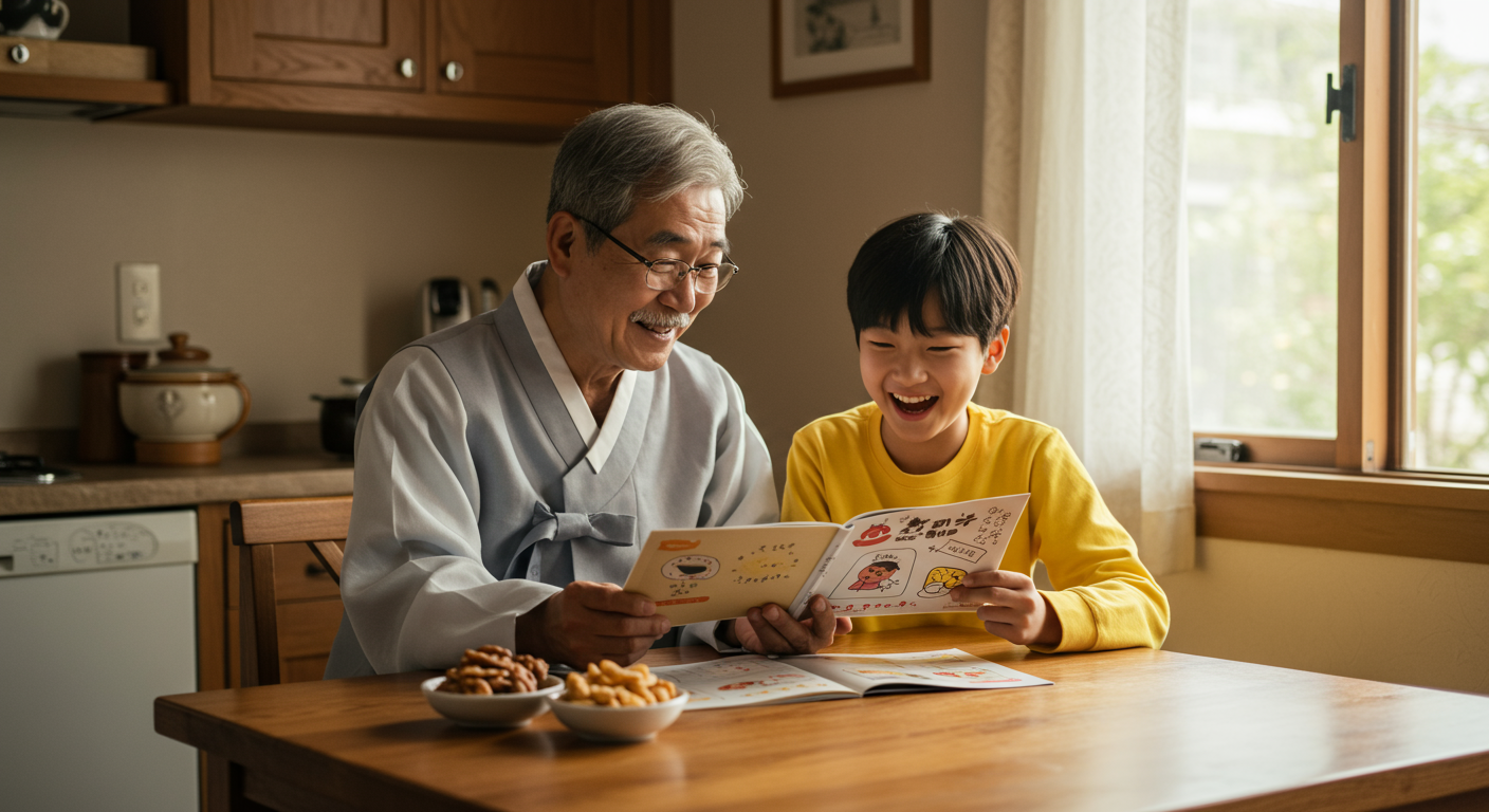 할아버지와 손자가 주방 테이블에서 유머 책을 보며 웃는 모습