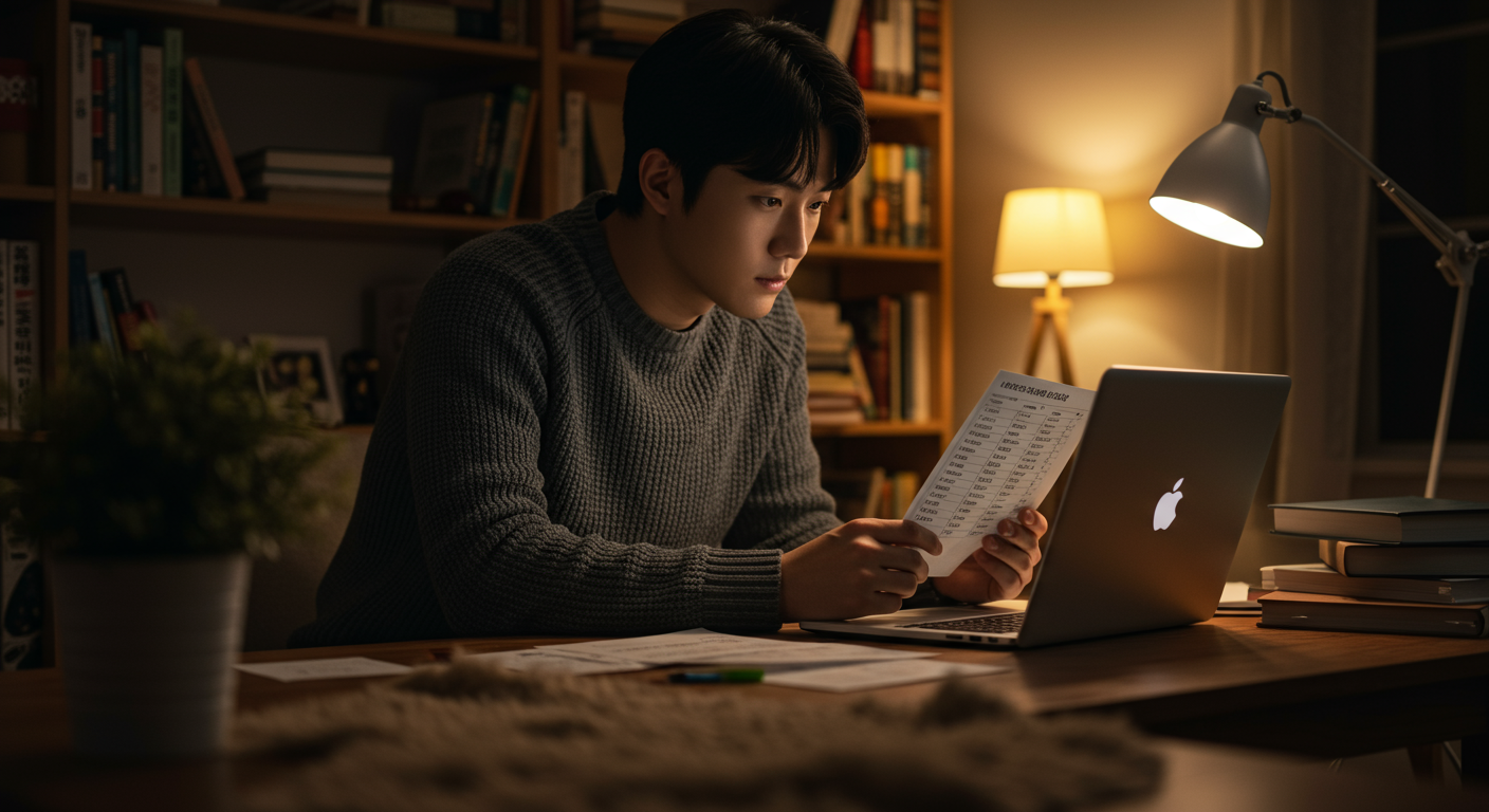 젊은 남성이 홈 오피스에서 노트북으로 개그 목록을 공부하는 모습