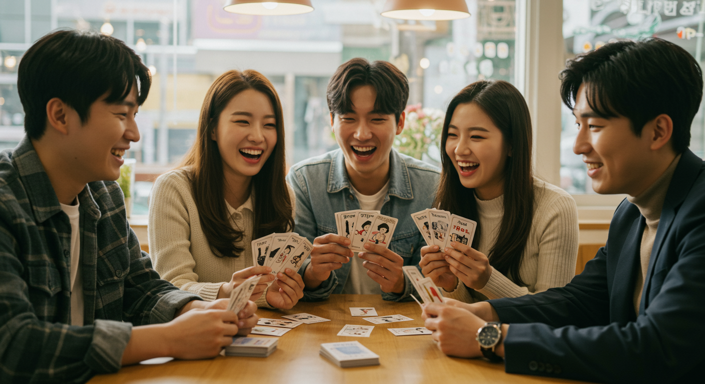 카페에서 친구들이 유머 카드로 퀴즈 게임을 즐기는 장면