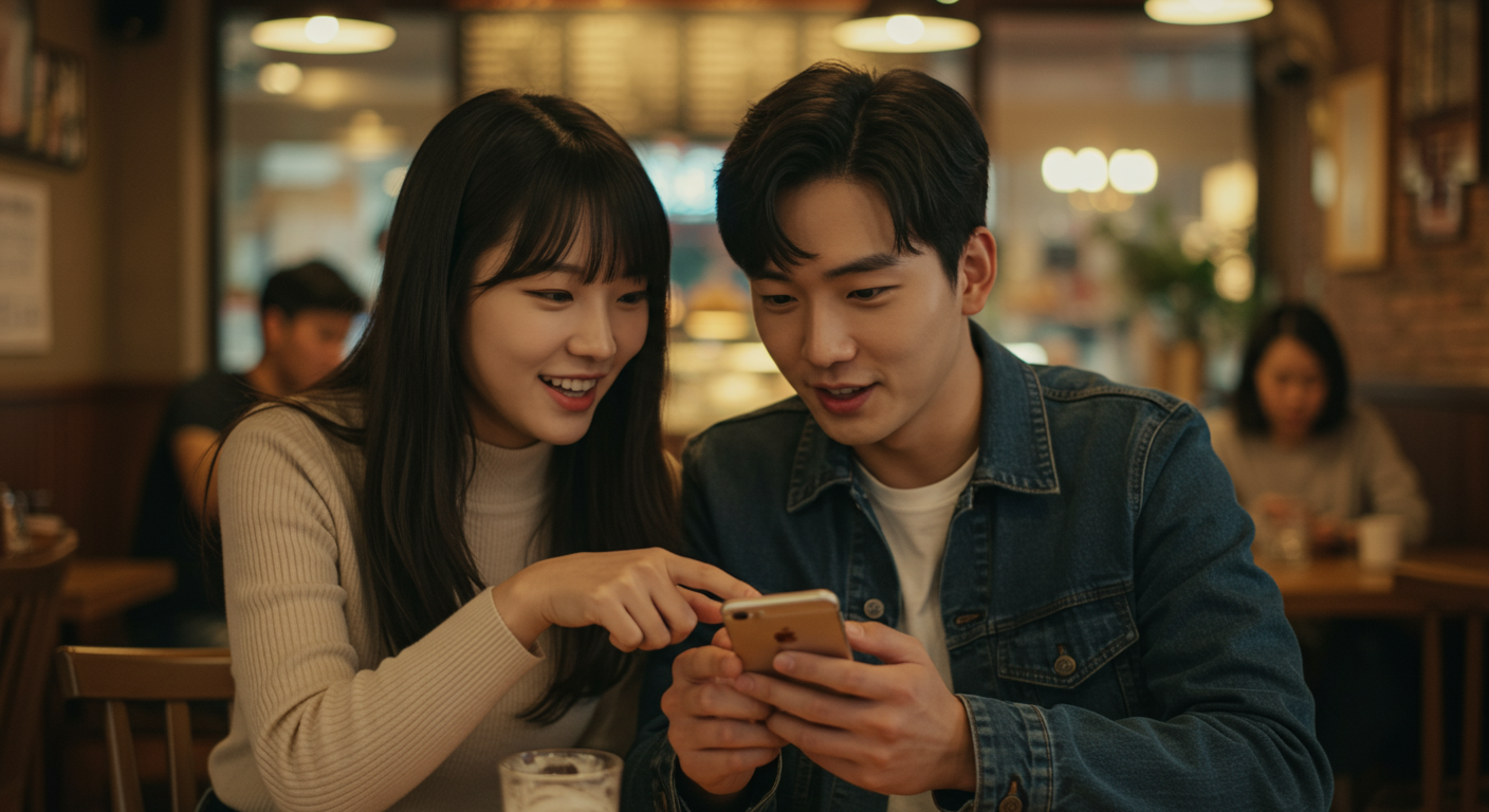 카페에서 스마트폰 화면을 보며 대화를 나누는 젊은 커플의 모습