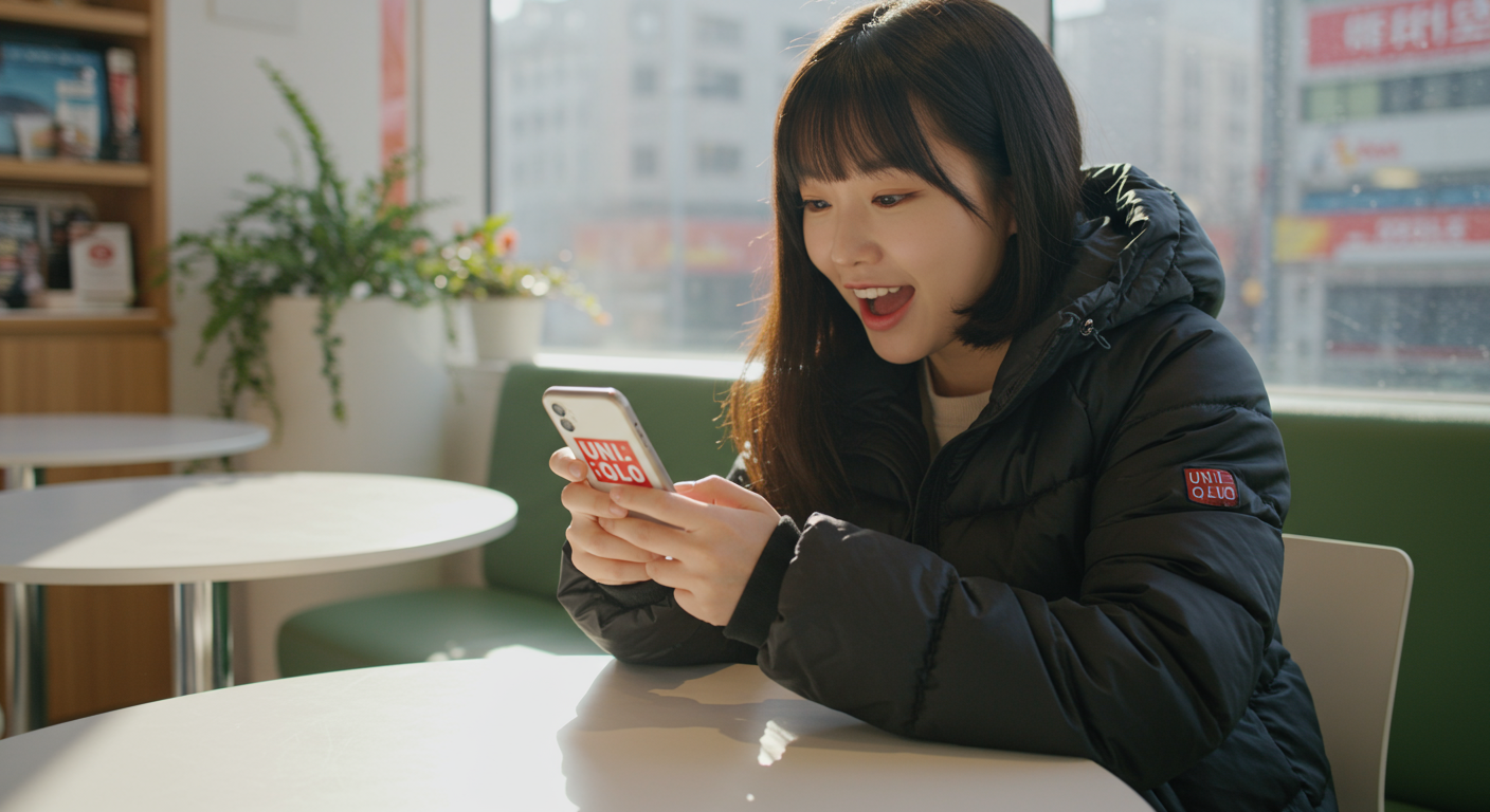 카페에서 스마트폰 앱으로 유니클로 금요일 세일을 확인하는 현대적인 쇼핑객