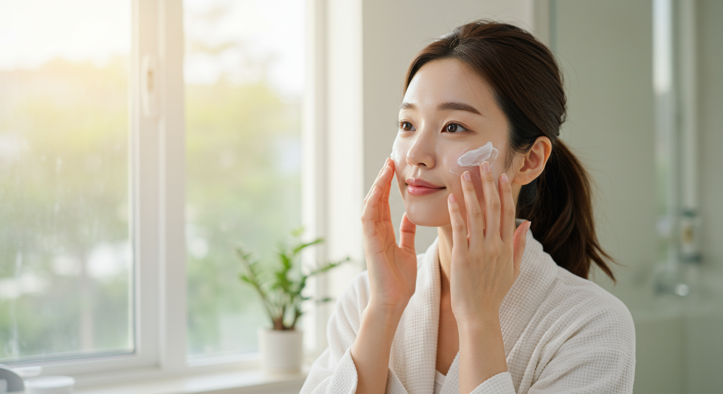 햇빛이 드는 방에서 여성이 쿨링 크림을 얼굴에 바르고 있는 장면