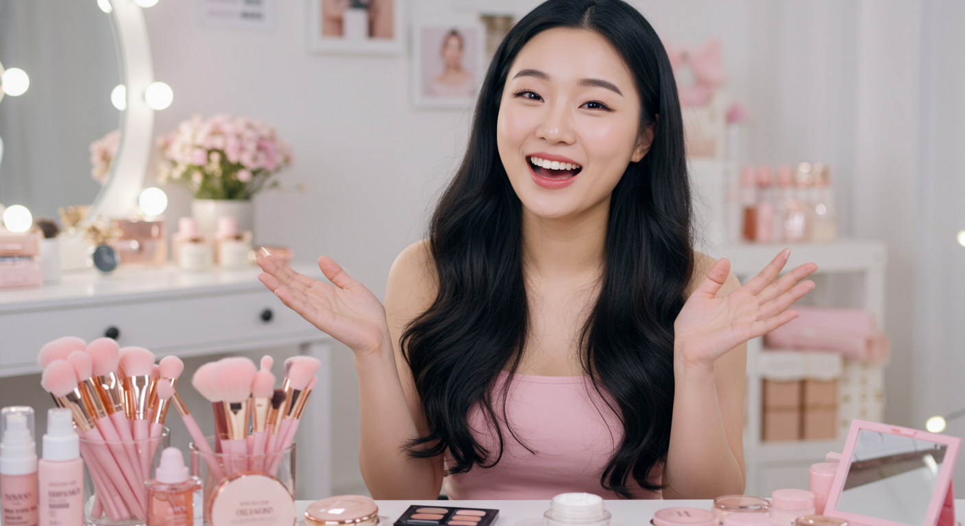 인기 유튜버가 스튜디오에서 화장품을 리뷰하는 장면