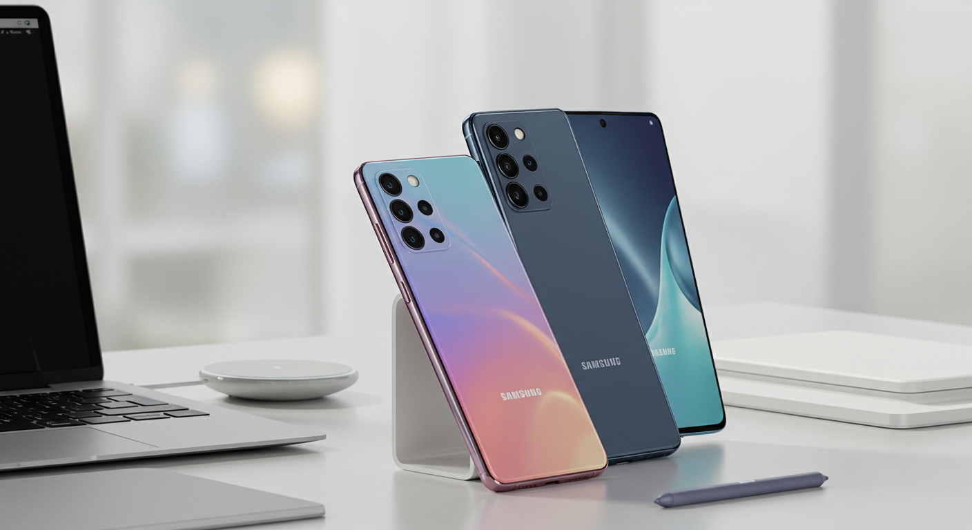 세 가지 삼성 갤럭시 S26 모델이 기술적인 책상 위에 진열된 모습