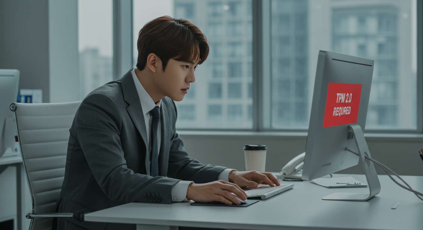 현대식 사무실에서 컴퓨터 화면을 보고 있는 직장인의 모습, 'TPM 2.0 필요' 메시지를 보며 좌절