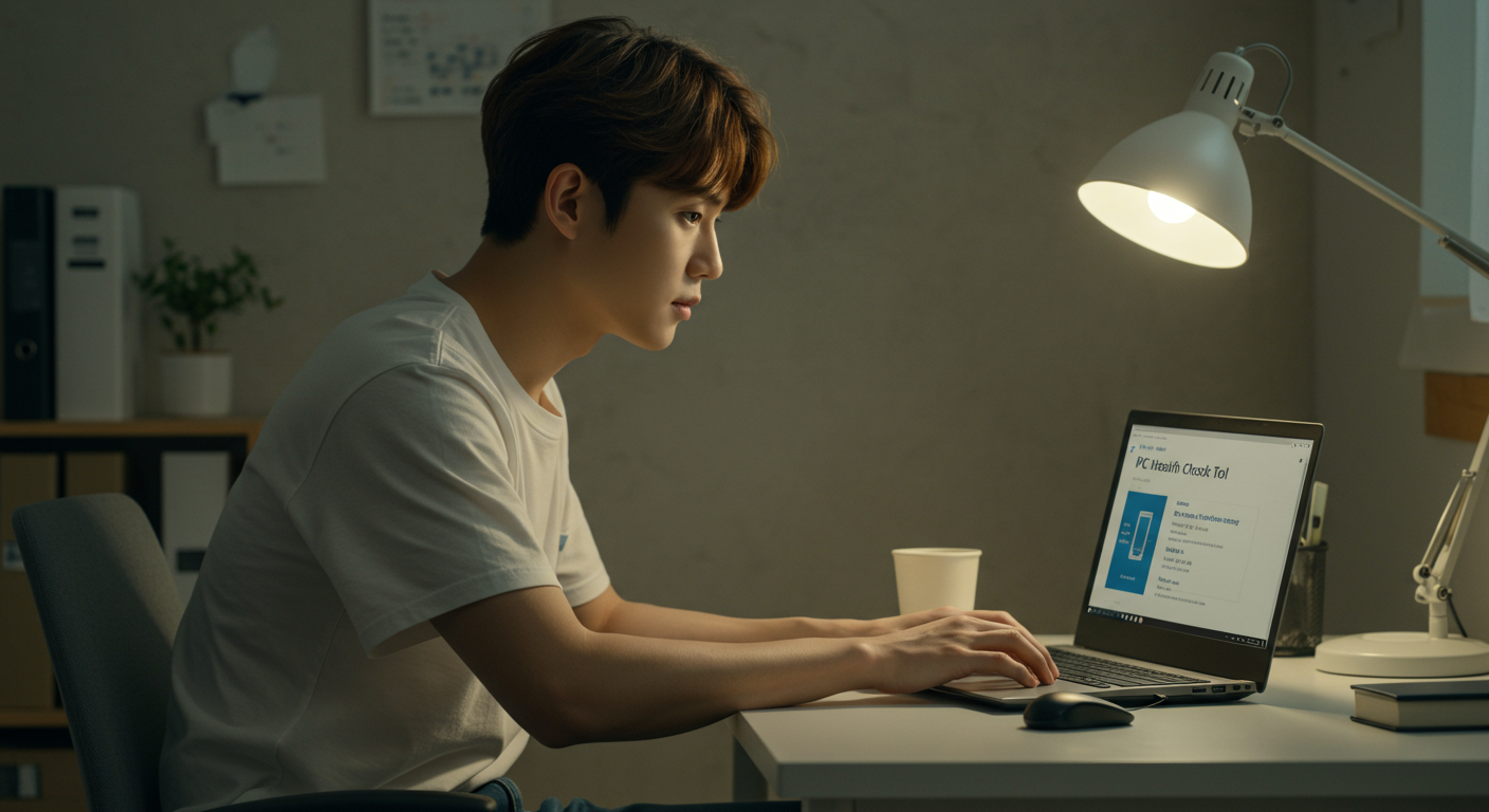 가정용 사무실에서 노트북을 사용하여 'PC 상태 확인 도구'를 실행하는 젊은 남성