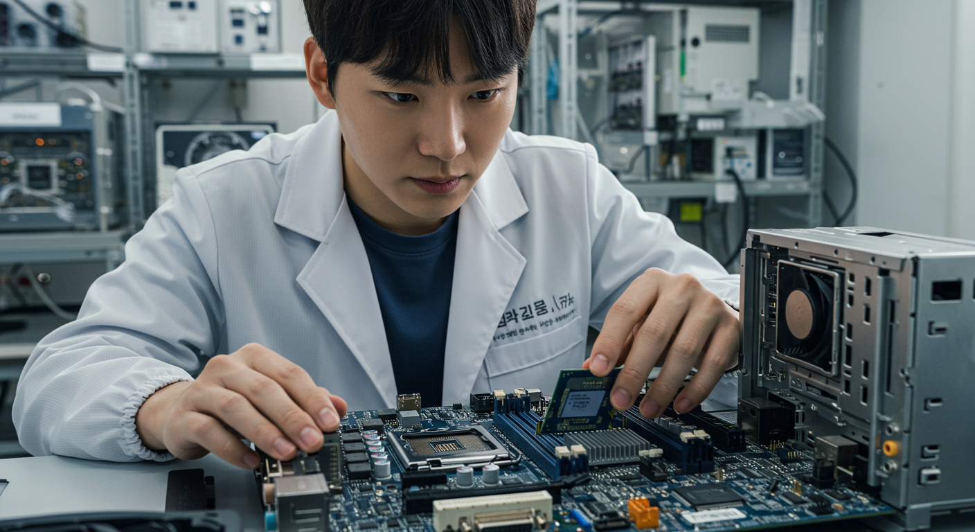 데스크탑 컴퓨터의 마더보드를 검사하여 TPM 2.0 칩 장착 여부를 확인하는 기술자의 모습