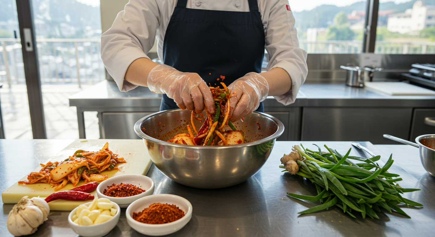 전통과 현대가 어우러진 김치 만드는 장면, 명인이 양념과 쪽파를 버무리는 모습