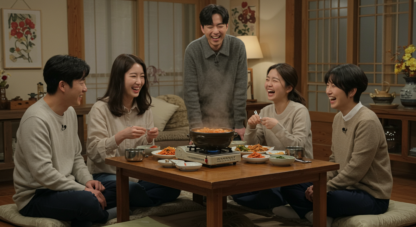 한국 예능 프로그램에서 출연진들이 김치찌개를 즐기는 장면