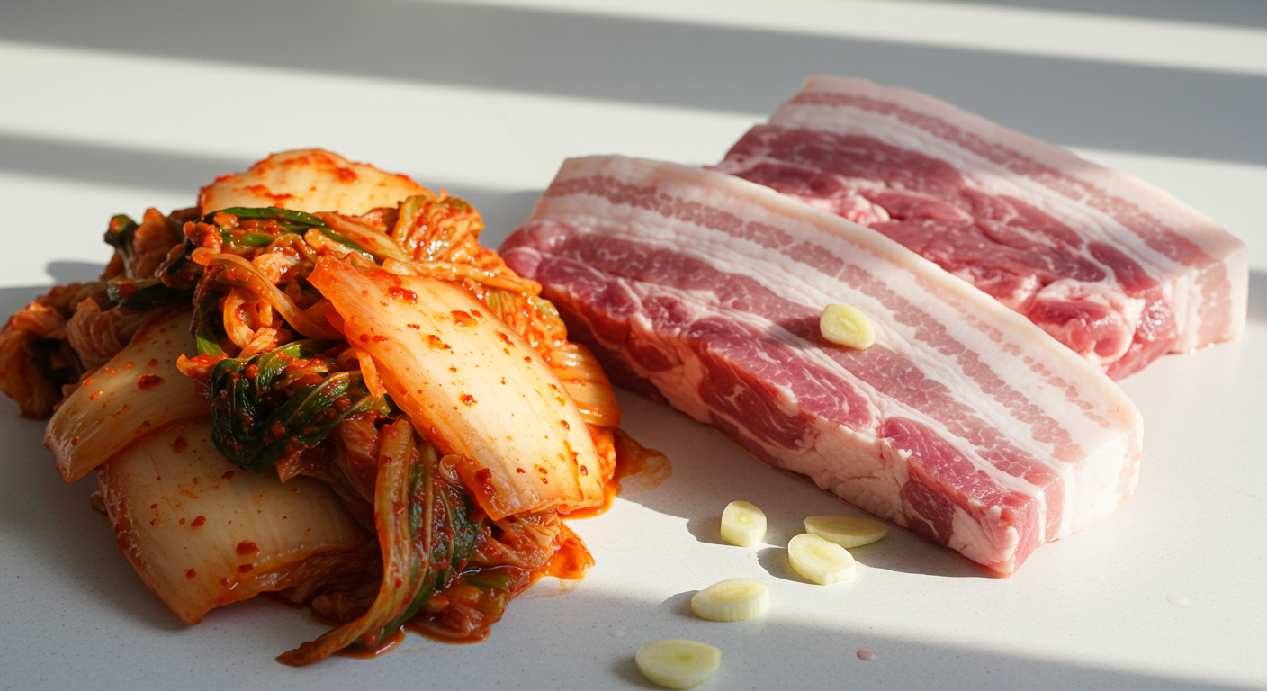 주방 카운터에 놓인 신선한 돼지고기와 잘 익은 김치를 클로즈업한 모습