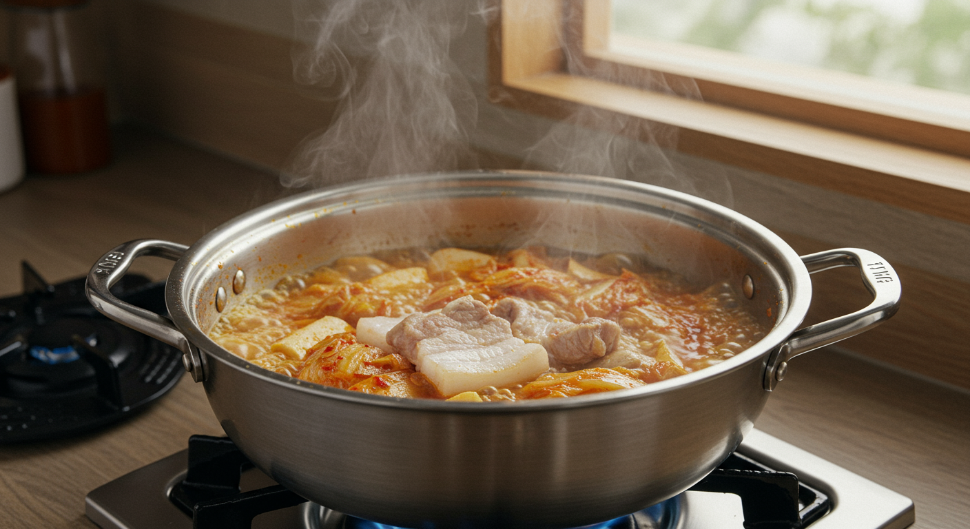냄비에서 돼지껍데기로 기름을 내며 끓이고 있는 김치찌개의 조리 과정
