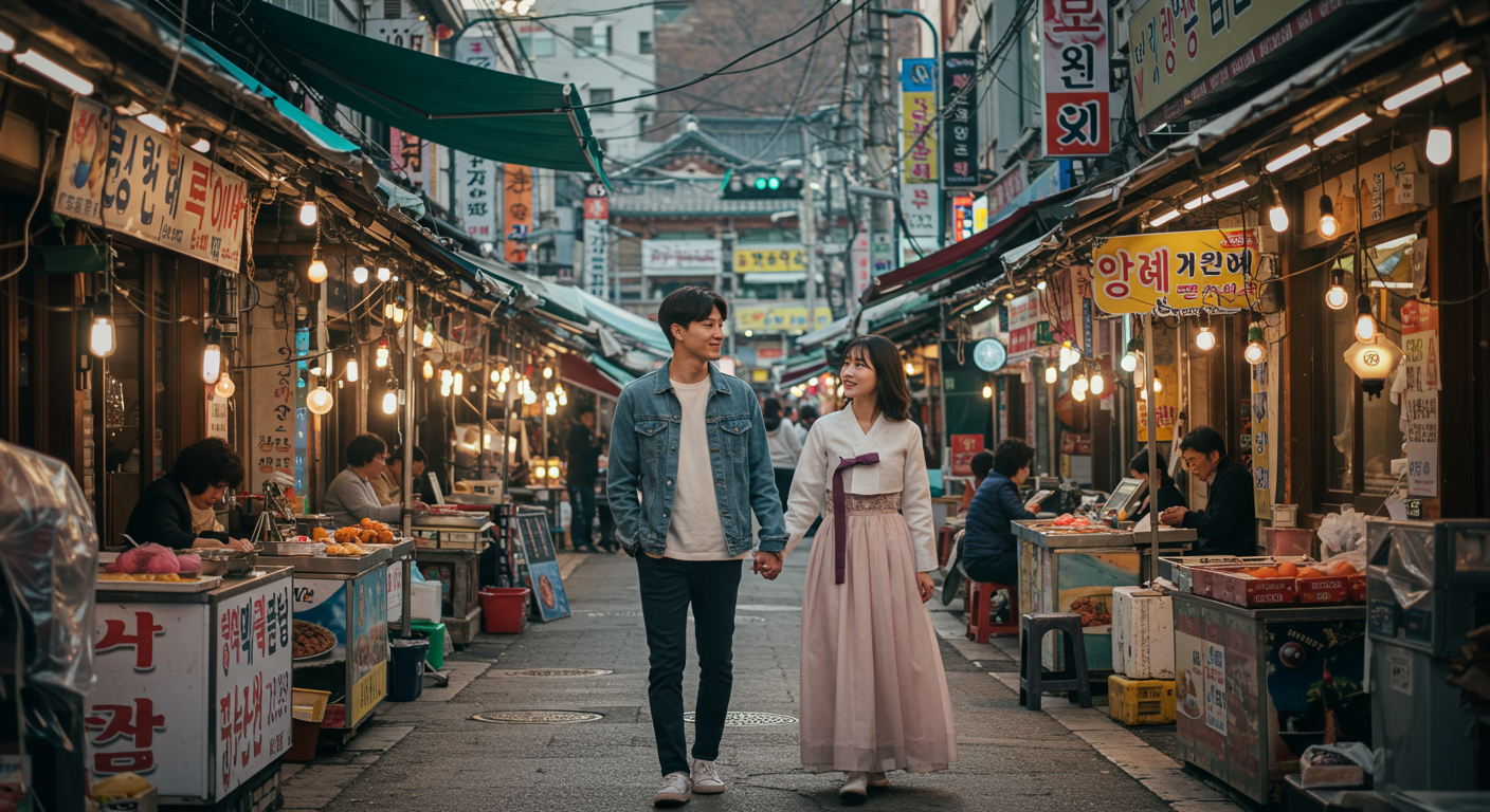바쁜 서울 거리 시장에서 활기찬 분위기의 현대적 커플