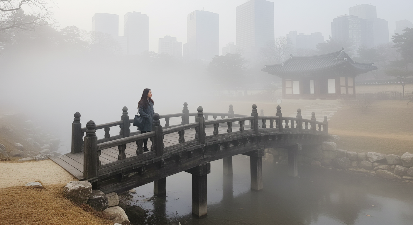남산 공원의 전통 목조 다리 위에 서 있는 현대 여성, 안개가 감싸고 있는 도시 풍경