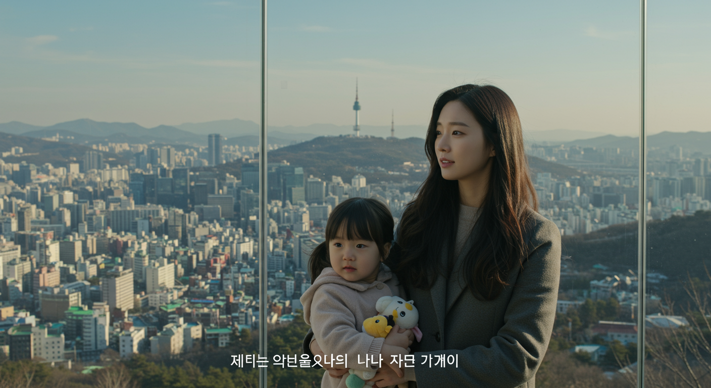 높은 곳에서 서울을 내려다보며 희망적인 표정을 짓고 있는 아이와 함께한 여성