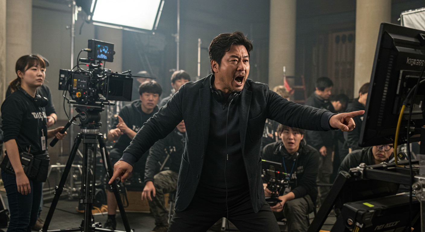 한국 영화 감독이 영화 촬영장에서 역동적인 자세를 취하고 있는 모습