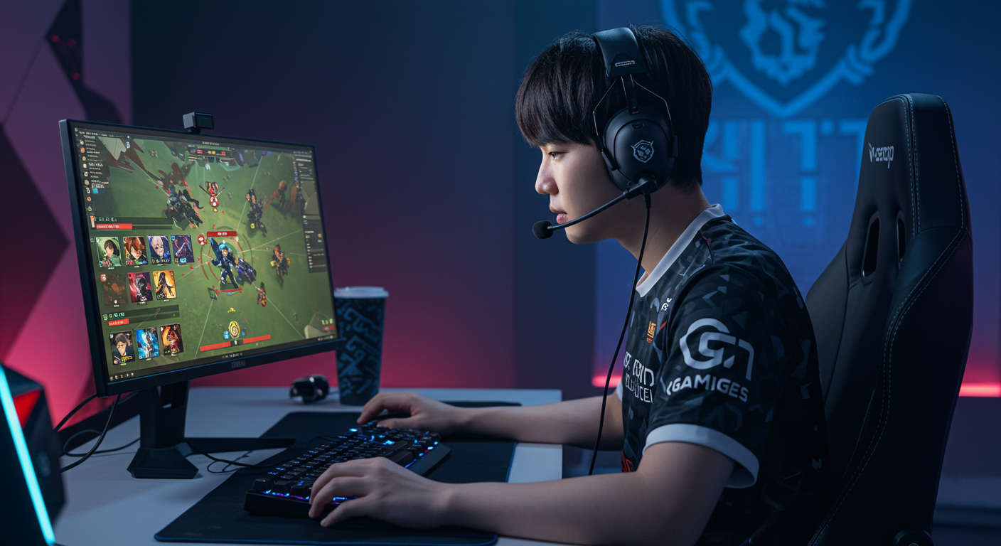 한국 게이머가 RGB 조명으로 장식된 게임 환경에서 집중하며 TFT 게임을 플레이하는 모습