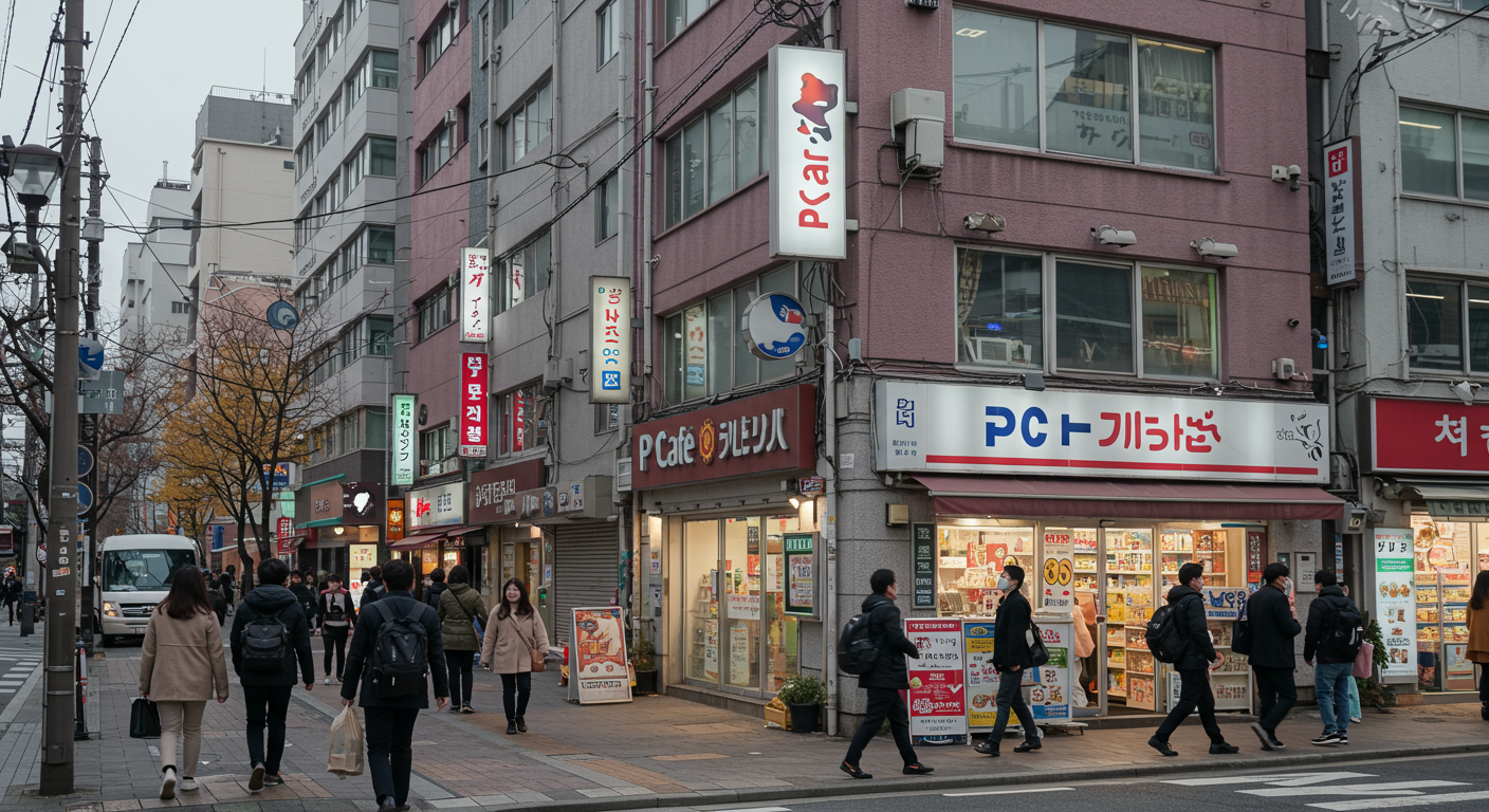 신대방역 인근 번화가, 보행자와 PC방 간판이 보이는 건물 옆 편의점