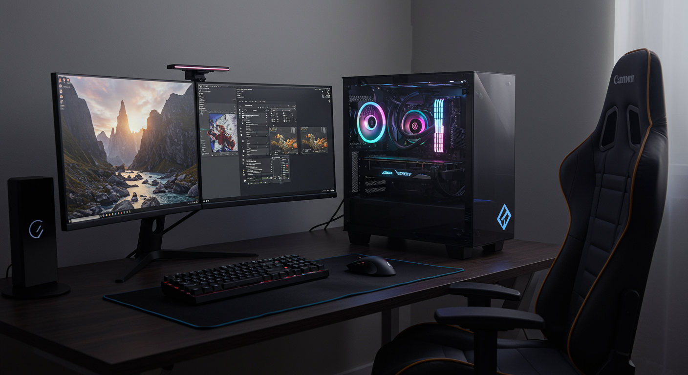고성능 게임 장비 클로즈업, 강력한 CPU와 GPU 설정, 세련된 모니터와 인체공학적 액세서리