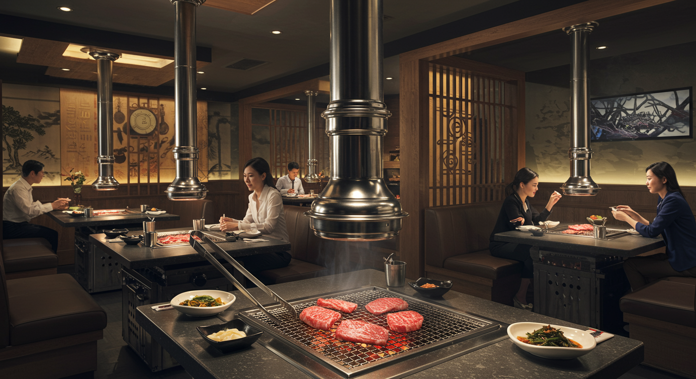 전통과 현대가 조화를 이룬 고급 한우 구이 레스토랑 내부 모습