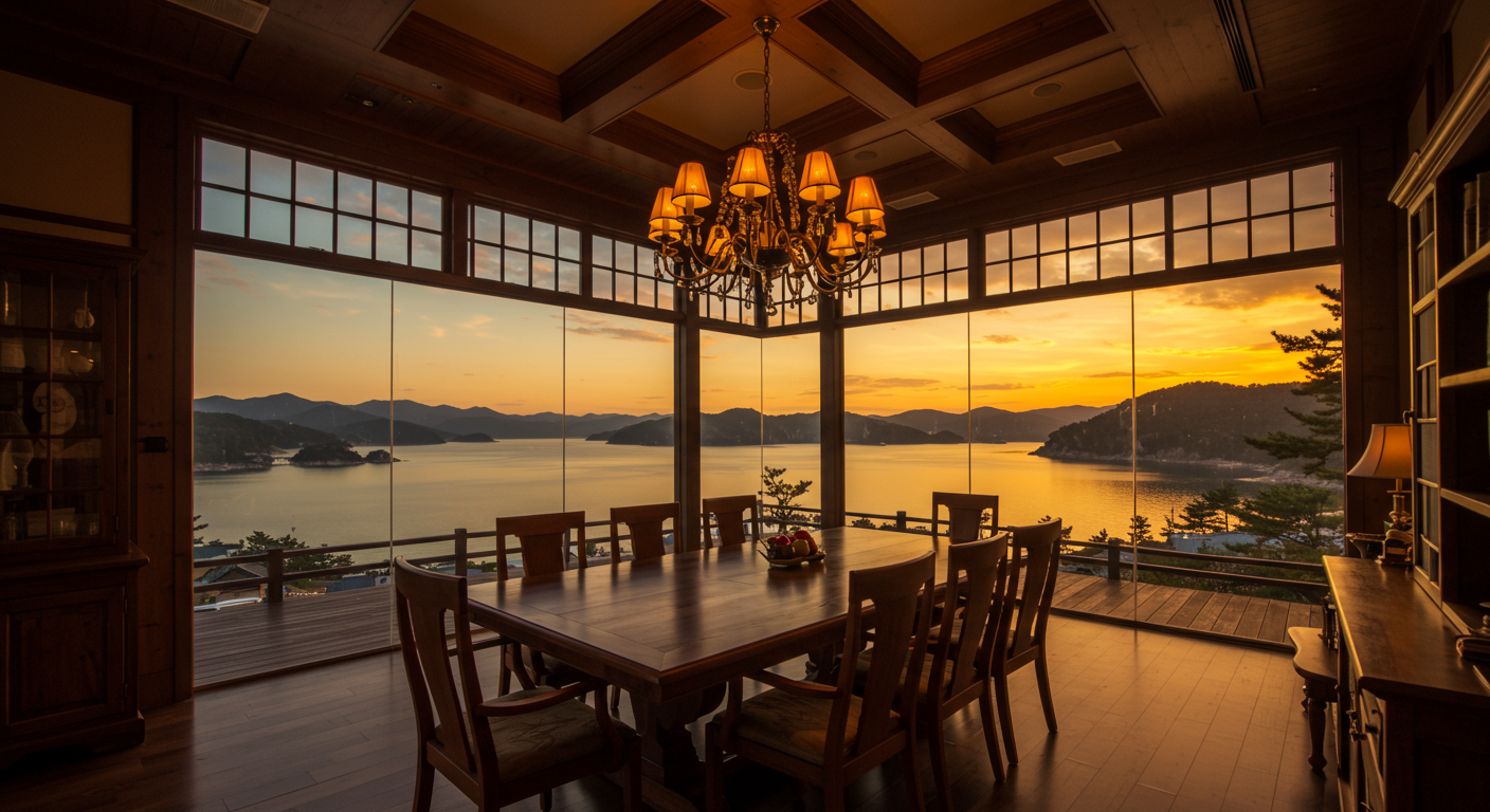 창가에서 보문호수가 보이는 고급스러운 실내 풍경