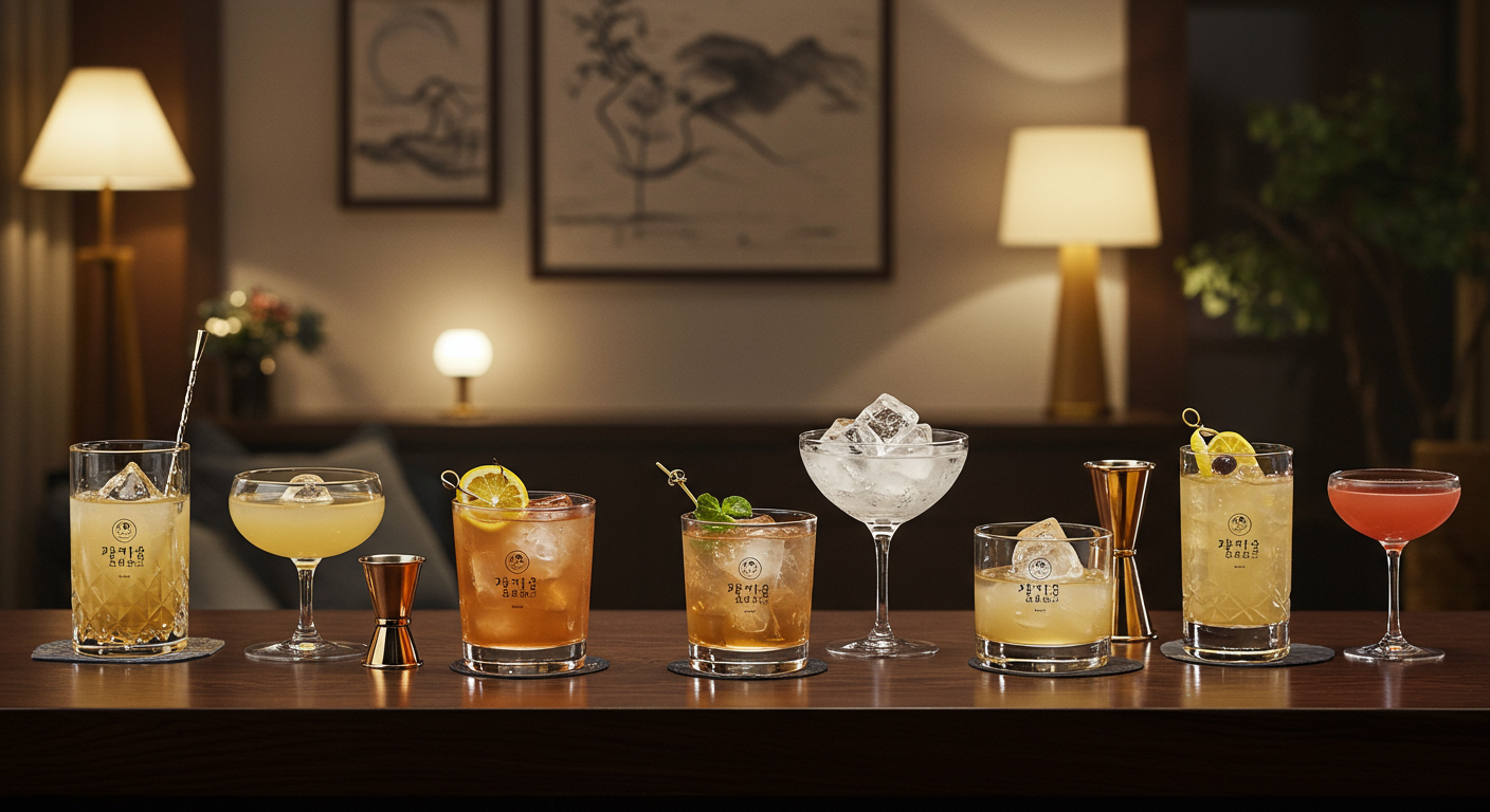 은은한 조명 아래 한국 테마 칵테일을 즐기는 바