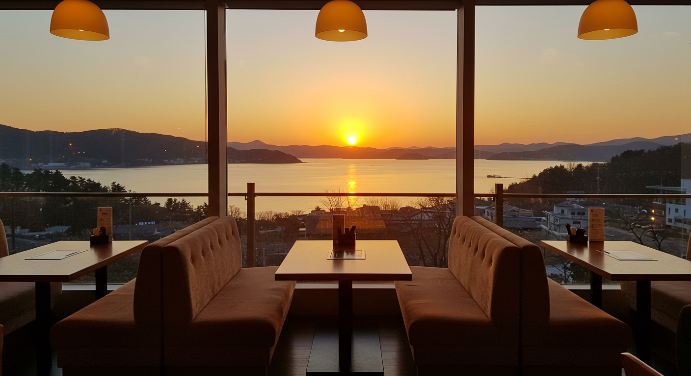 해질 무렵 보문호수 석양을 감상할 수 있는 레스토랑 창가 자리