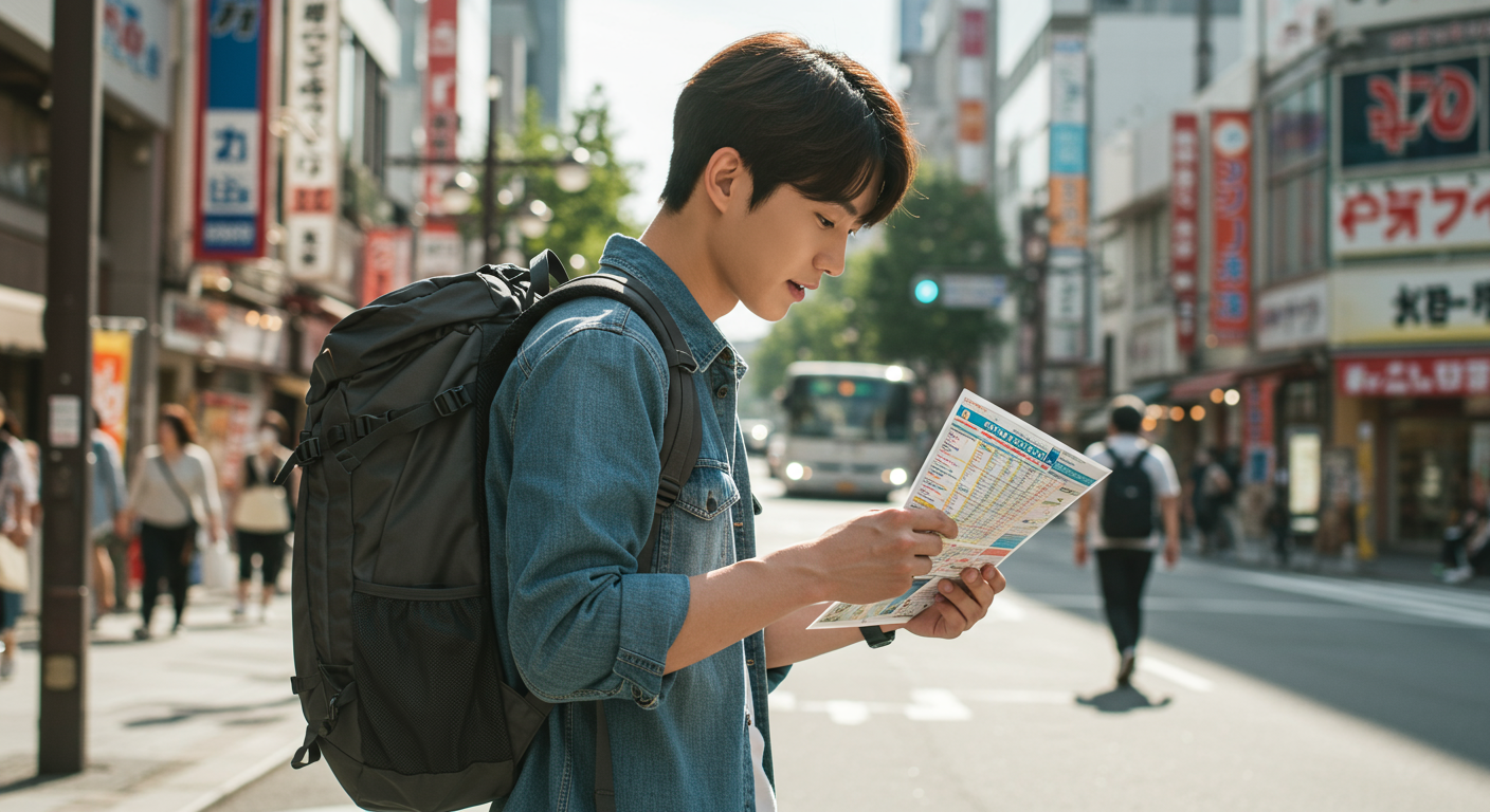 나고야에서 투어버스를 기다리는 여행객의 모습