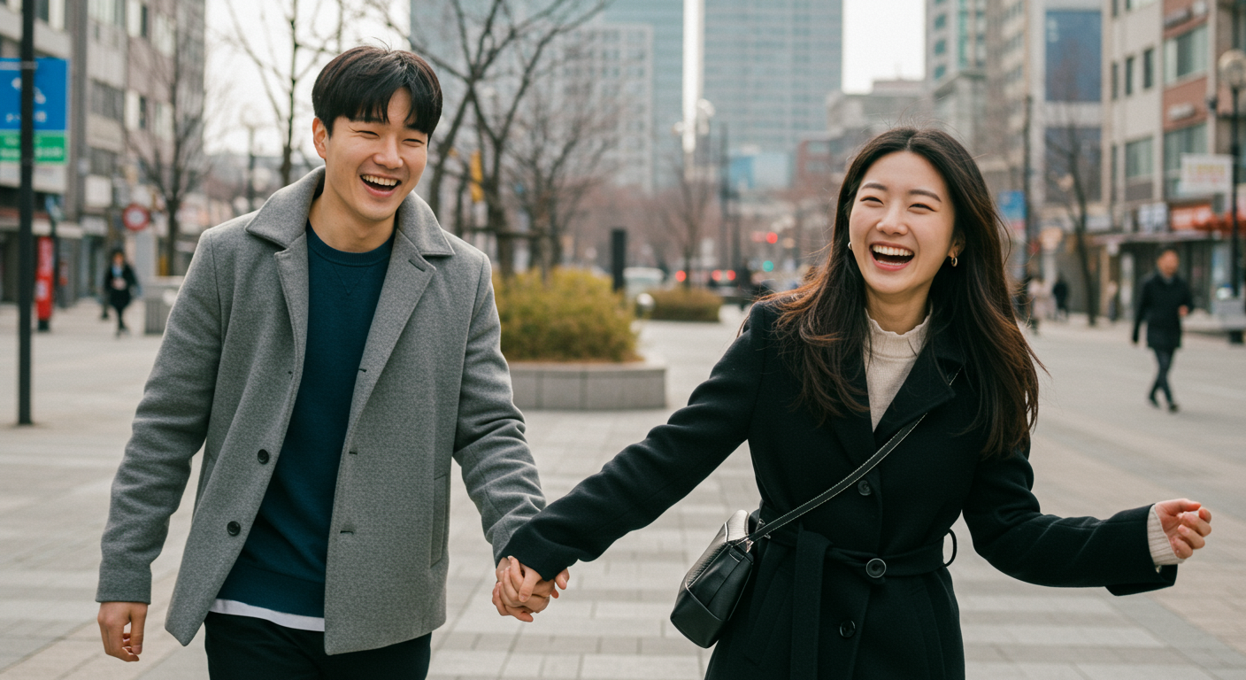 현대적인 도시 배경에서 다정한 표정의 커플 모습