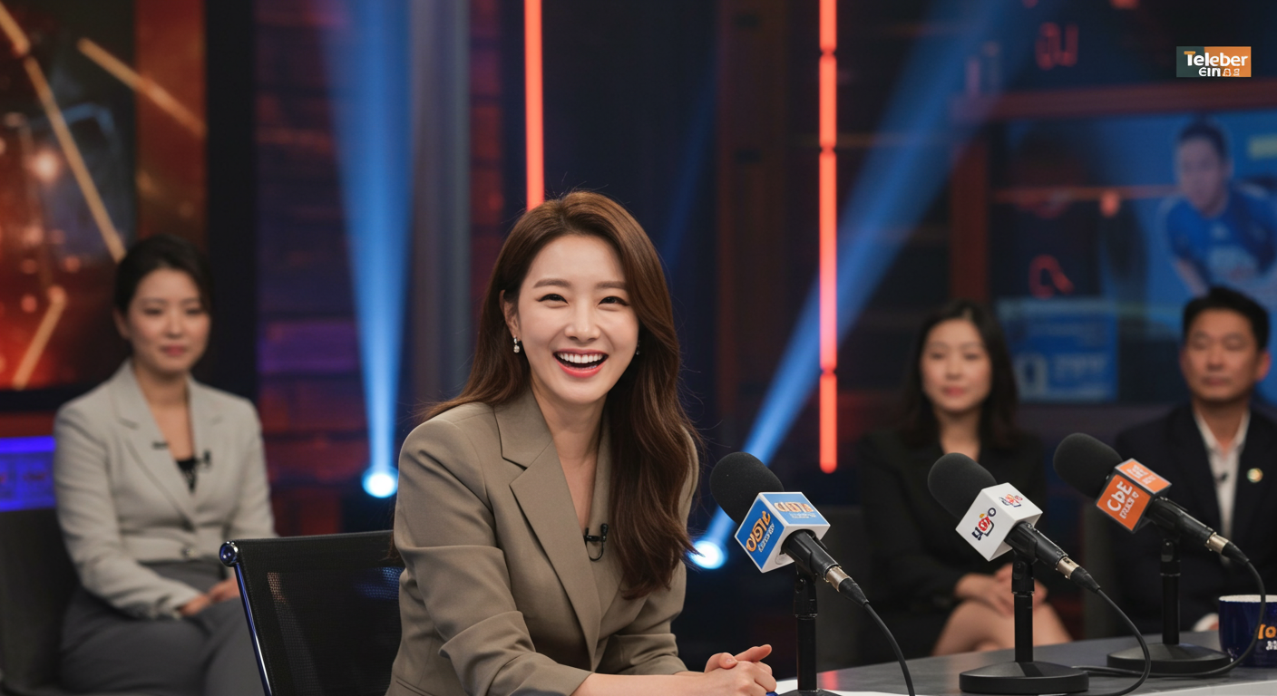 TV 토크쇼 세트에서 자신감 있게 이야기하는 여배우의 모습