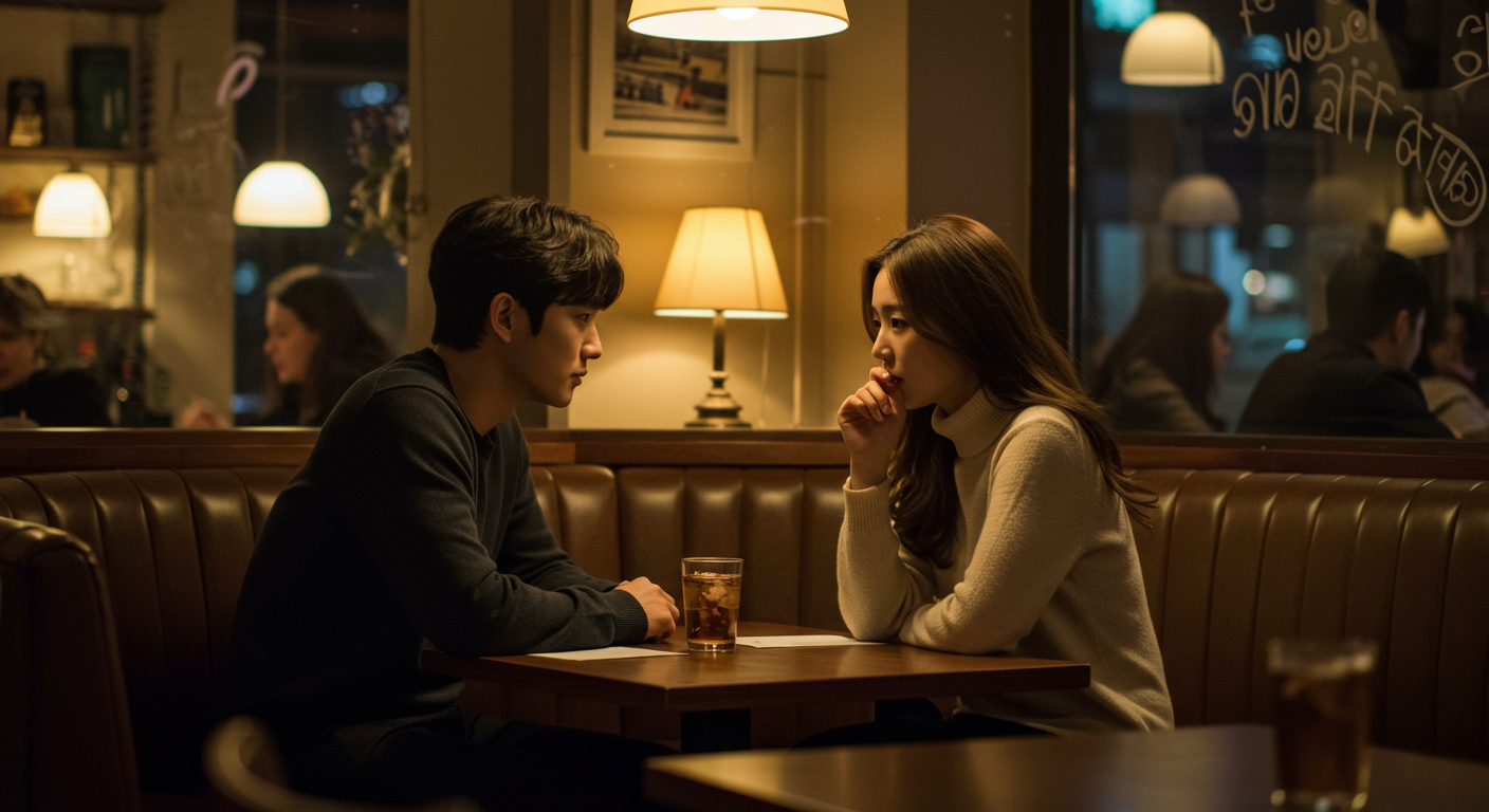 아늑한 카페 구석에서 은밀히 만나는 연인의 모습