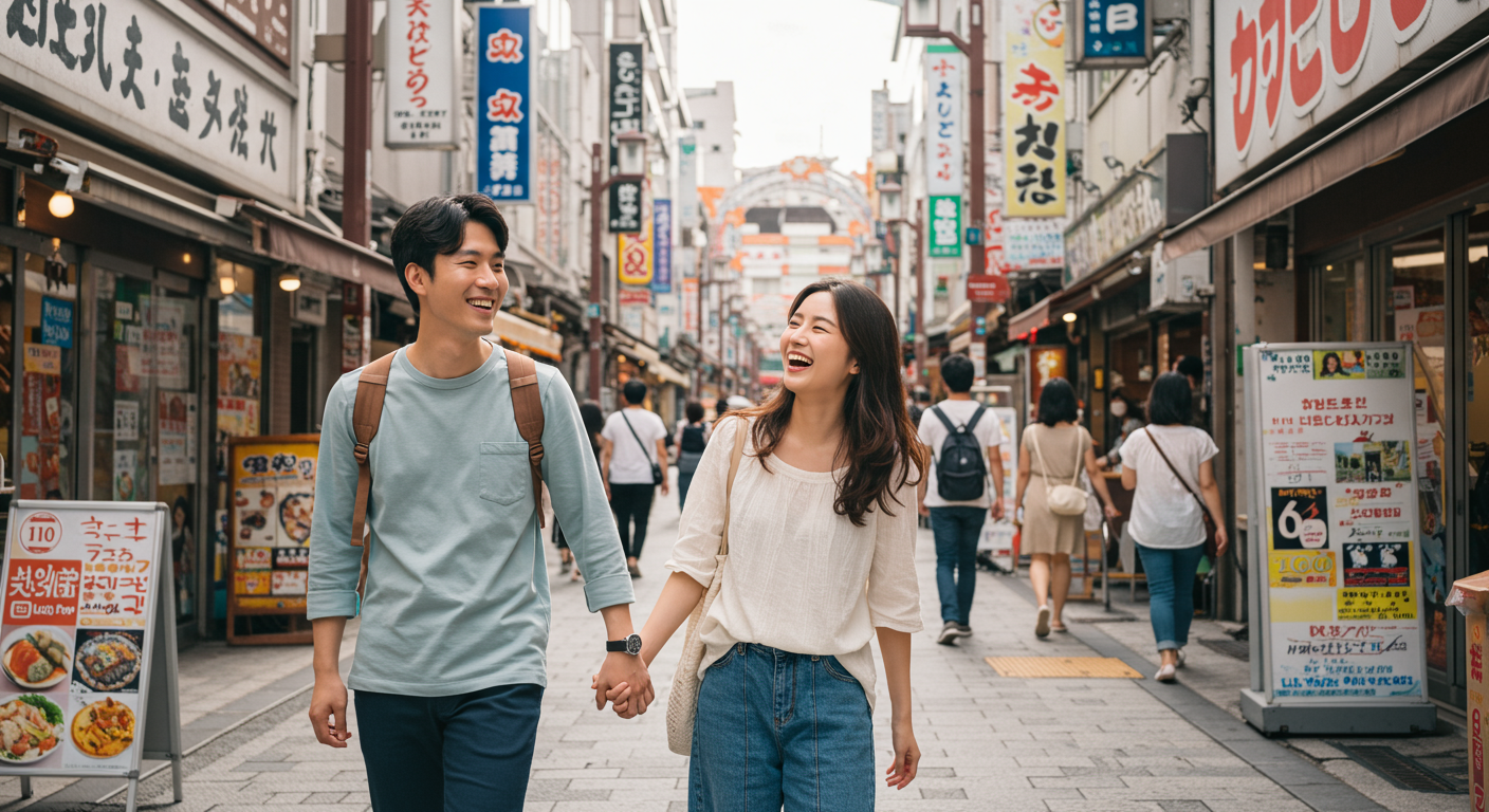 일본 거리에서 손을 잡고 여유롭게 거니는 커플 모습