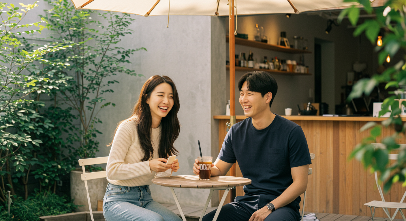 서울의 야외 카페에서 즐거운 시간을 보내는 현대적인 커플