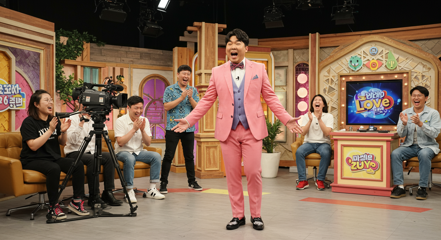 방송 세트장에서 유쾌한 사랑 고백을 하는 코미디언