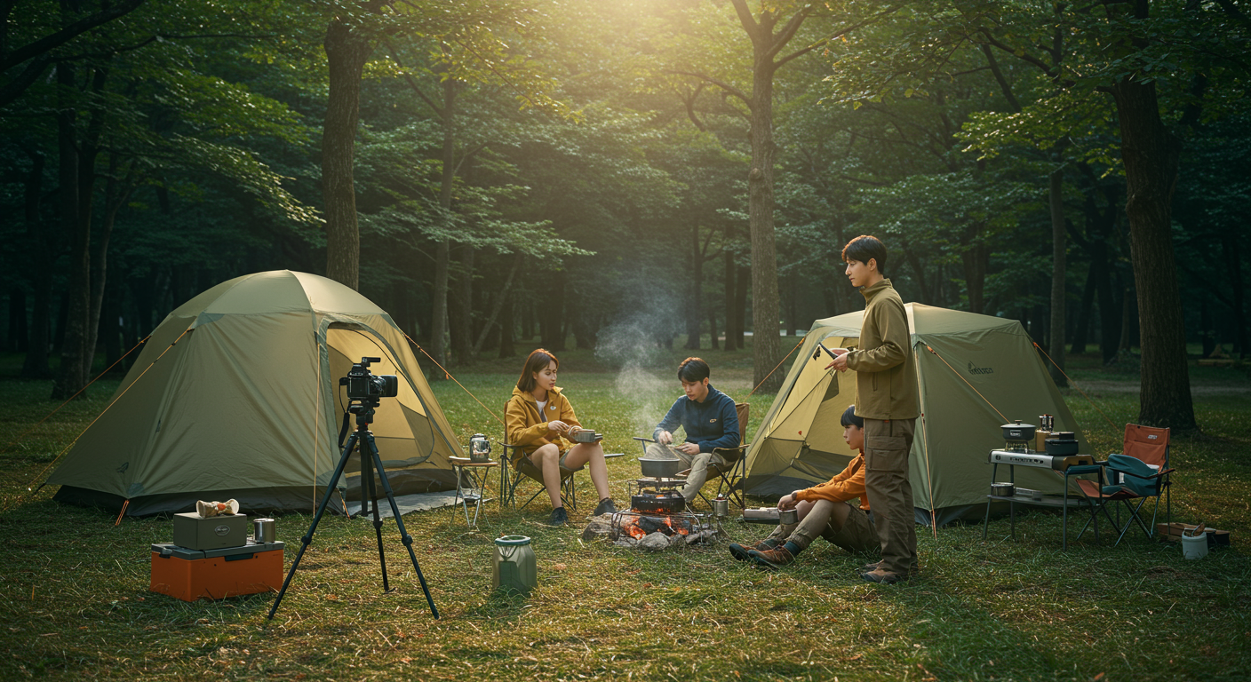 현대적인 한국인 캠퍼들이 최첨단 캠핑 장비를 사용하여 숲속에서 여유롭게 캠핑을 즐기는 모습