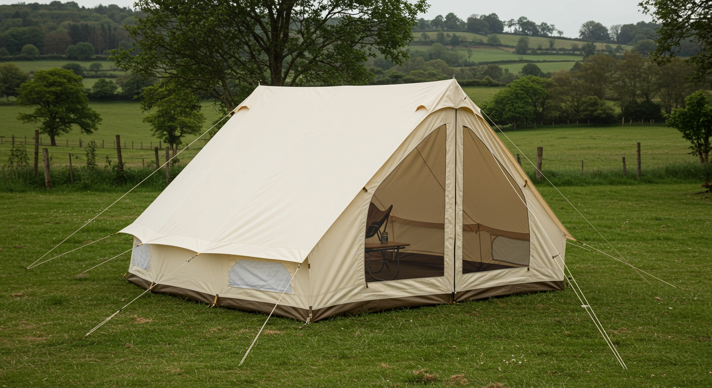 실용적이고 디자인이 뛰어난 아이보리 텐트를 배경으로 한 아름다운 캠프장 모습