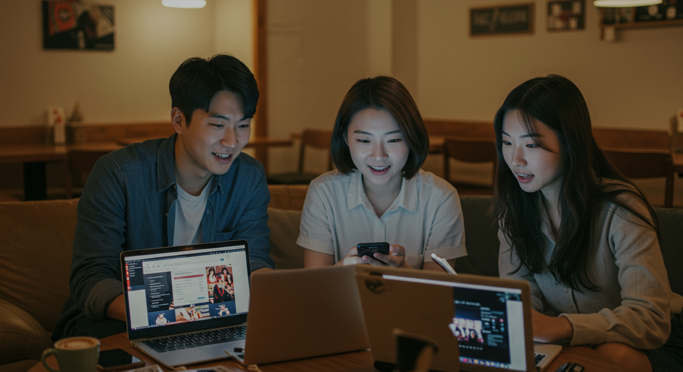 젊은 사람들이 노트북과 스마트폰으로 티켓 예매 사이트를 비교하는 모습