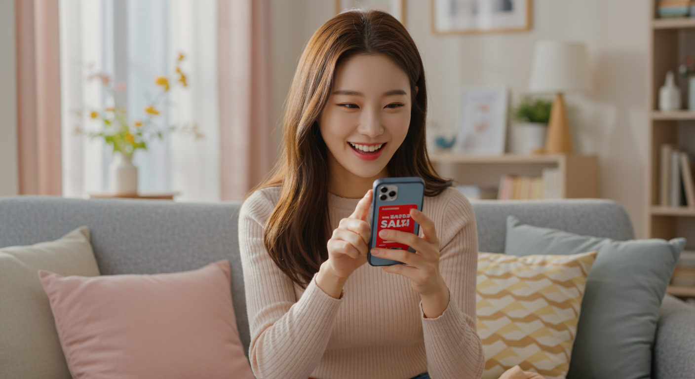 여성이 티몬 앱을 사용하며 할인을 확인하는 장면