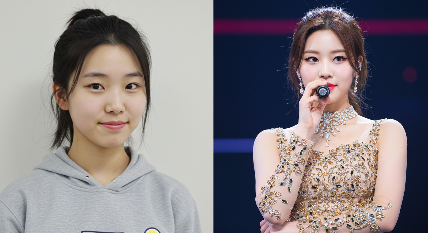 연습생 시절과 데뷔 후 여성 아이돌의 변화를 보여주는 비교 이미지