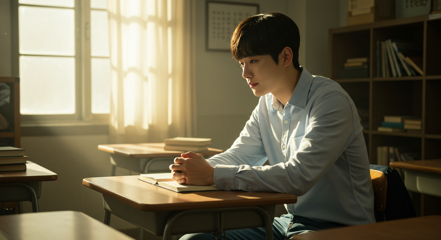 젊은 남성이 교실에서 자신의 과거를 회상하는 모습