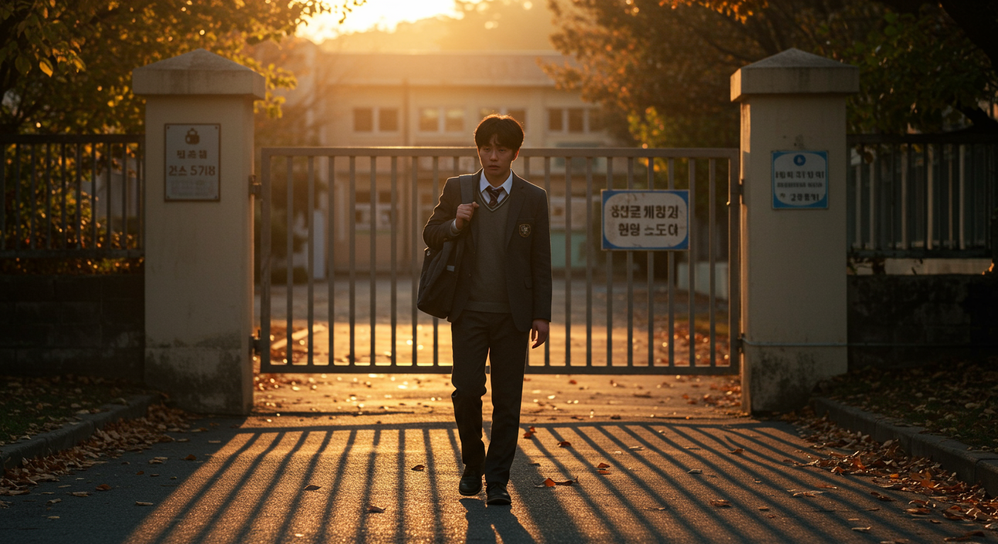 십대 학생이 학교 정문 앞에서 가방을 들고 서 있는 모습